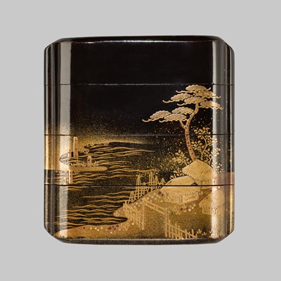 Lot 384 - A SMALL FOUR-CASE ROIRO-LACQUER INRO DEPICTING A FISHING VILLAGE