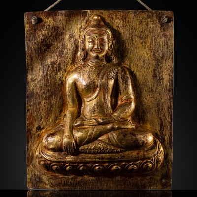 Lot 276 - A GILT-COPPER REPOUSSÉ PLAQUE OF BUDDHA SHAKYAMUNI, TIBET, 18TH-19TH CENTURY