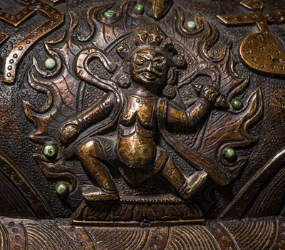 Lot 33 - A KAPALA (SKULL CUP) WITH SEPARATE COPPER ALLOY COVER AND STAND, TIBET, 18TH-19TH CENTURY