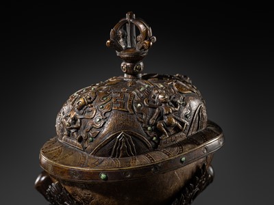 Lot 33 - A KAPALA (SKULL CUP) WITH SEPARATE COPPER ALLOY COVER AND STAND, TIBET, 18TH-19TH CENTURY