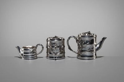 Lot 20 - KONOIKE: A THREE-PIECE SET OF JAPANESE EXPORT SILVER TEA AND COFFEE ‘BAMBOO’ SERVICE