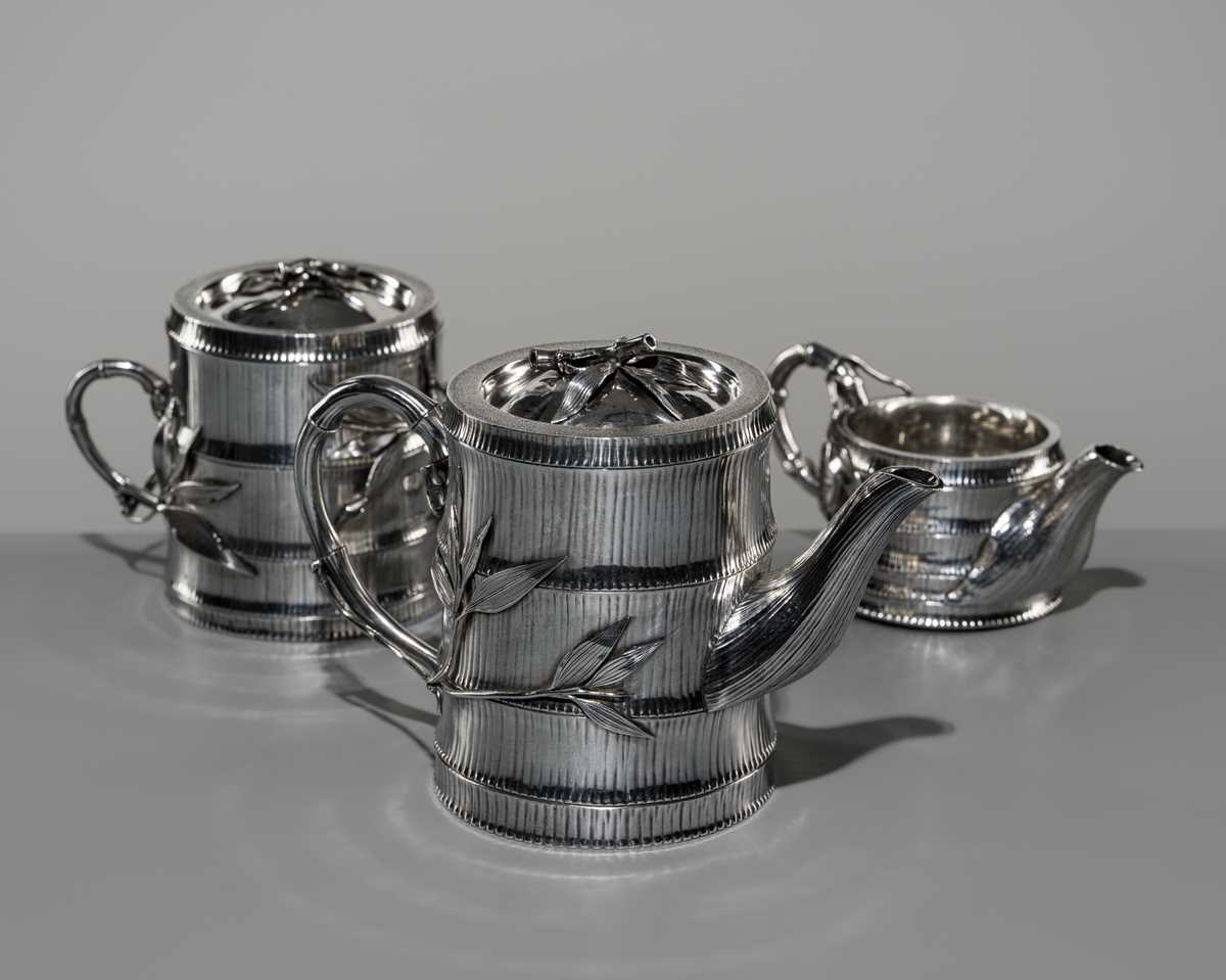 Lot 20 - KONOIKE: A THREE-PIECE SET OF JAPANESE EXPORT SILVER TEA AND COFFEE ‘BAMBOO’ SERVICE