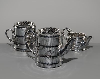 Lot 20 - KONOIKE: A THREE-PIECE SET OF JAPANESE EXPORT SILVER TEA AND COFFEE ‘BAMBOO’ SERVICE