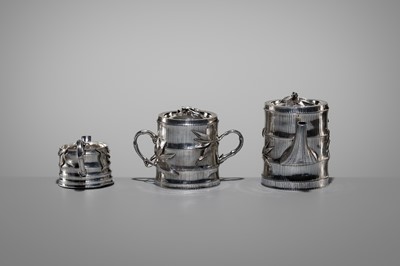 Lot 20 - KONOIKE: A THREE-PIECE SET OF JAPANESE EXPORT SILVER TEA AND COFFEE ‘BAMBOO’ SERVICE
