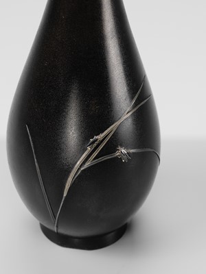Lot 27 - SEIMEI: A SUPERB INLAID SHAKUDO VASE WITH FIREFLIES ON GRASSES