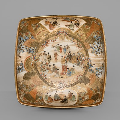 FUZAN: A FINE SQUARE SATSUMA CERAMIC BOWL DEPICTING COURTLY SCENES