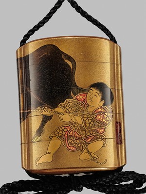 Lot 19 - SHIOMI MASANARI: A FINE FOUR-CASE GOLD LACQUER INRO WITH A HERDSBOY AND OX
