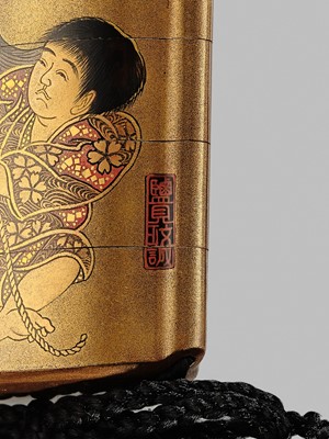 Lot 19 - SHIOMI MASANARI: A FINE FOUR-CASE GOLD LACQUER INRO WITH A HERDSBOY AND OX
