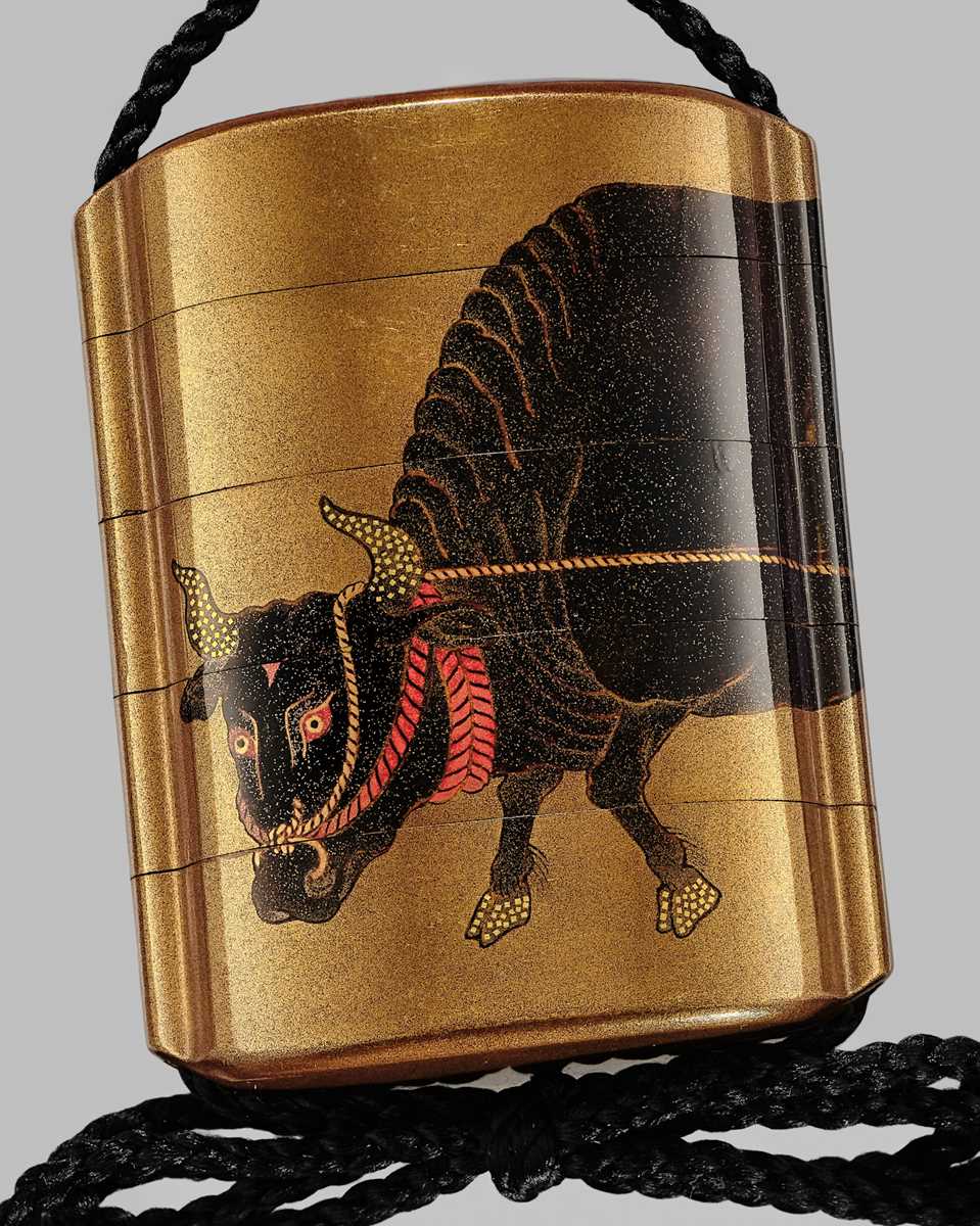 Lot 19 - SHIOMI MASANARI: A FINE FOUR-CASE GOLD LACQUER INRO WITH A HERDSBOY AND OX