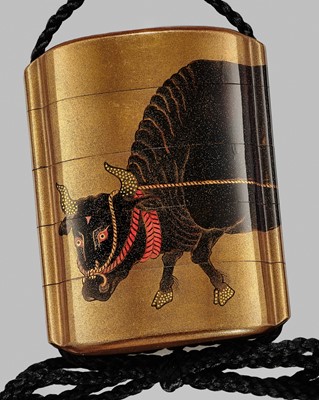 Lot 19 - SHIOMI MASANARI: A FINE FOUR-CASE GOLD LACQUER INRO WITH A HERDSBOY AND OX