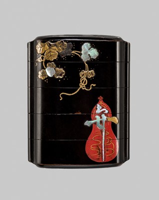 Lot 24 - YOYUSAI: A SMALL FOUR-CASE LACQUER INRO WITH A GOURD AND PAULOWNIA LEAVES