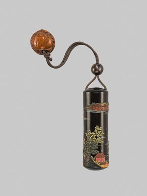 Lot 5 - A RARE THREE-CASE RYUKYUAN TSUIKIN LACQUER INRO WITH A FINE KURUMI NETSUKE OF DARUMA