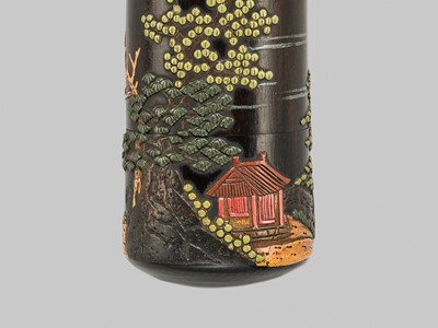 Lot 5 - A RARE THREE-CASE RYUKYUAN TSUIKIN LACQUER INRO WITH A FINE KURUMI NETSUKE OF DARUMA