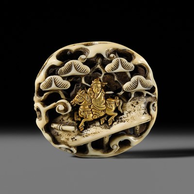 Lot 323 - A FINE GOLD-INLAID WALRUS TUSK RYUSA MANJU NETSUKE OF KOSEKIKO