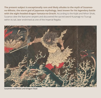 Lot 113 - A VERY RARE CORAL INLAID IVORY NETSUKE OF A SEVERED DRAGON HEAD