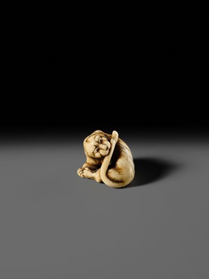 Lot 108 - TADAMITSU: A SUPERB AND RARE KYOTO SCHOOL IVORY NETSUKE OF A TIGER