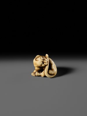 Lot 108 - TADAMITSU: A SUPERB AND RARE KYOTO SCHOOL IVORY NETSUKE OF A TIGER