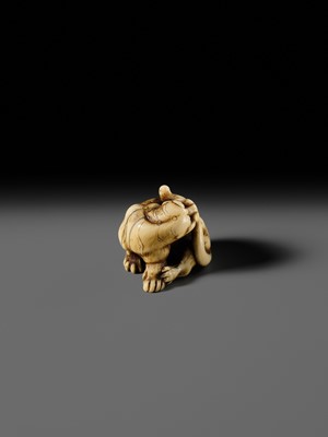 Lot 108 - TADAMITSU: A SUPERB AND RARE KYOTO SCHOOL IVORY NETSUKE OF A TIGER