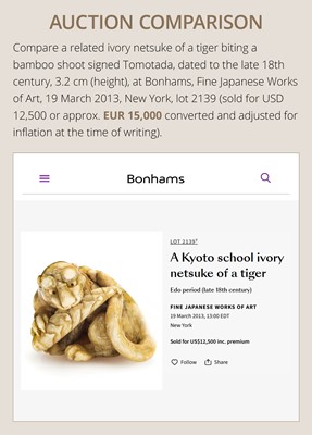 Lot 108 - TADAMITSU: A SUPERB AND RARE KYOTO SCHOOL IVORY NETSUKE OF A TIGER