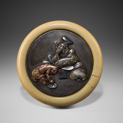 AN AMUSING IVORY SHIBUICHI KAGAMIBUTA NETSUKE DEPICTING A POET AND ONI