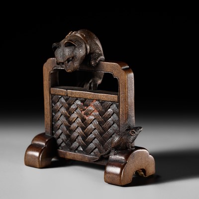 Lot 194 - MASATAMI: A FINE WOOD NETSUKE OF A CAT CHASING A RAT