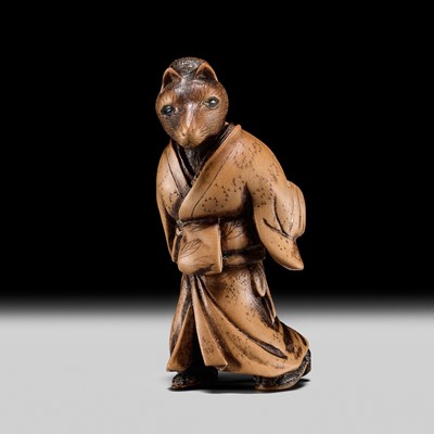 Lot 261 - A RARE STAINED WOOD NETSUKE OF KUZONOHA CARRYING A BABY ON HER BACK