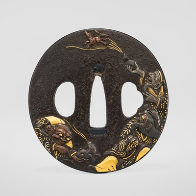 Lot 1192 - HAMANO NAOHIDE: A FINE IRON TSUBA OF GAMA, CHOKARO, AND TEKKAI SENNIN