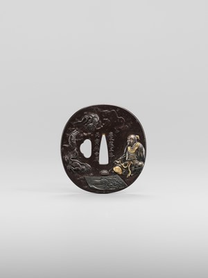 WATAI TANETORA: A SUPERB MITO SCHOOL IRON TSUBA DEPICTING SO FUKO AND DRAGON, DATED 1866
