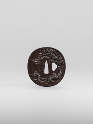 WATAI TANETORA: A SUPERB MITO SCHOOL IRON TSUBA DEPICTING SO FUKO AND DRAGON, DATED 1866