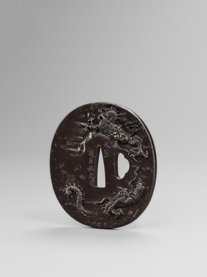WATAI TANETORA: A SUPERB MITO SCHOOL IRON TSUBA DEPICTING SO FUKO AND DRAGON, DATED 1866
