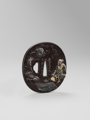 WATAI TANETORA: A SUPERB MITO SCHOOL IRON TSUBA DEPICTING SO FUKO AND DRAGON, DATED 1866