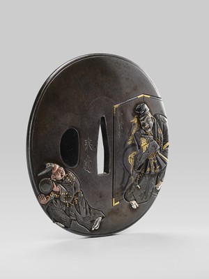 SUGIURA JOI: A SUPERB SHIBUICHI TSUBA WITH MANZAI DANCERS