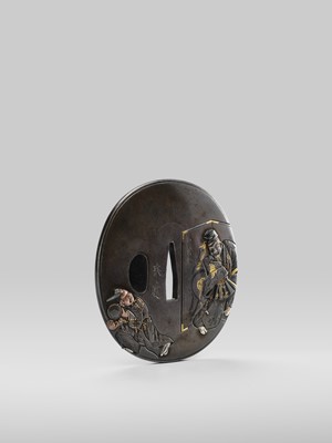 SUGIURA JOI: A SUPERB SHIBUICHI TSUBA WITH MANZAI DANCERS