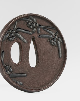 Lot 565 - AN UNUSUAL LACQUERED IRON TSUBA WITH SEVEN DRAGONFLIES