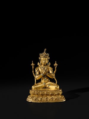 Lot 16 - AN INLAID GILT-BRONZE FIGURE OF VAJRADHARA, NEPAL, MALLA PERIOD, 15TH CENTURY