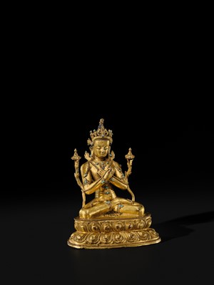 Lot 16 - AN INLAID GILT-BRONZE FIGURE OF VAJRADHARA, NEPAL, MALLA PERIOD, 15TH CENTURY