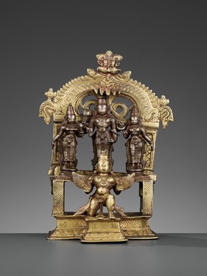 Lot 746 - A BRONZE TRIAD OF VISHNU, SHRIDEVI AND BHUDEVI ON A GARUDA SHRINE, VIJAYANAGAR PERIOD