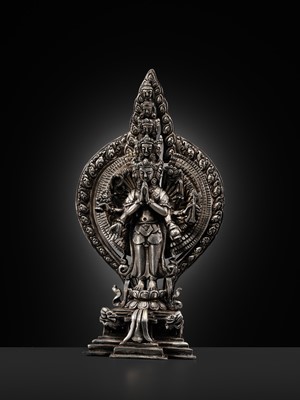 Lot 34 - A SILVER FIGURE OF AVALOKITESHVARA SAHASRABHUJA EKADASAMUKHA