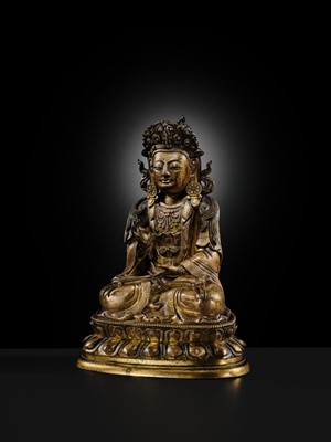 Lot 28 - A TWO-TONE GILT COPPER-ALLOY FIGURE OF GUANYIN, KANGXI-YONGZHENG PERIOD