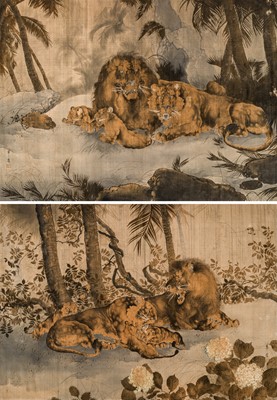 OHASHI KAREI: A PAIR OF LARGE YUZEN-BIRODO (CUT VELVET) HANGINGS WITH LIONS