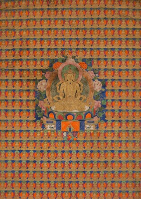 Lot 333 - A FINE THANGKA OF BUDDHA AMITAYUS WITH 336 DIFFERENT EMANATIONS, TIBET, 17TH-18TH CENTURY