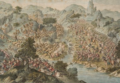 Lot 65 - A HAND-COLORED ENGRAVING AFTER CASTIGLIONE ET AL. DEPICTING THE BATTLE OF YESIL-KOR-NOR, QIANLONG PERIOD, CHINA, 1769-1774