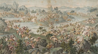 Lot 66 - A HAND-COLORED ENGRAVING AFTER CASTIGLIONE ET AL. DEPICTING THE BATTLE OF KHURUNGUI, QIANLONG PERIOD, CHINA, 1769-1774