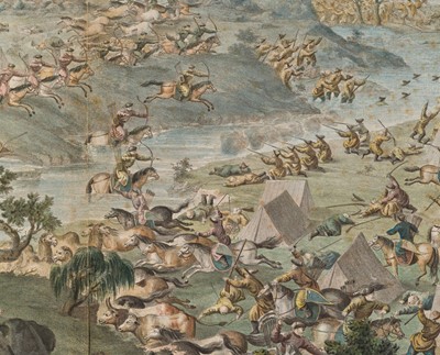 Lot 66 - A HAND-COLORED ENGRAVING AFTER CASTIGLIONE ET AL. DEPICTING THE BATTLE OF KHURUNGUI, QIANLONG PERIOD, CHINA, 1769-1774
