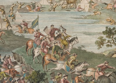 Lot 66 - A HAND-COLORED ENGRAVING AFTER CASTIGLIONE ET AL. DEPICTING THE BATTLE OF KHURUNGUI, QIANLONG PERIOD, CHINA, 1769-1774
