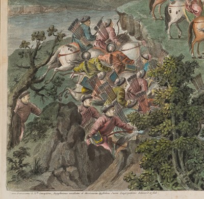 Lot 66 - A HAND-COLORED ENGRAVING AFTER CASTIGLIONE ET AL. DEPICTING THE BATTLE OF KHURUNGUI, QIANLONG PERIOD, CHINA, 1769-1774