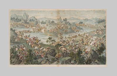 Lot 66 - A HAND-COLORED ENGRAVING AFTER CASTIGLIONE ET AL. DEPICTING THE BATTLE OF KHURUNGUI, QIANLONG PERIOD, CHINA, 1769-1774