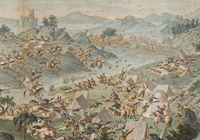 Lot 66 - A HAND-COLORED ENGRAVING AFTER CASTIGLIONE ET AL. DEPICTING THE BATTLE OF KHURUNGUI, QIANLONG PERIOD, CHINA, 1769-1774
