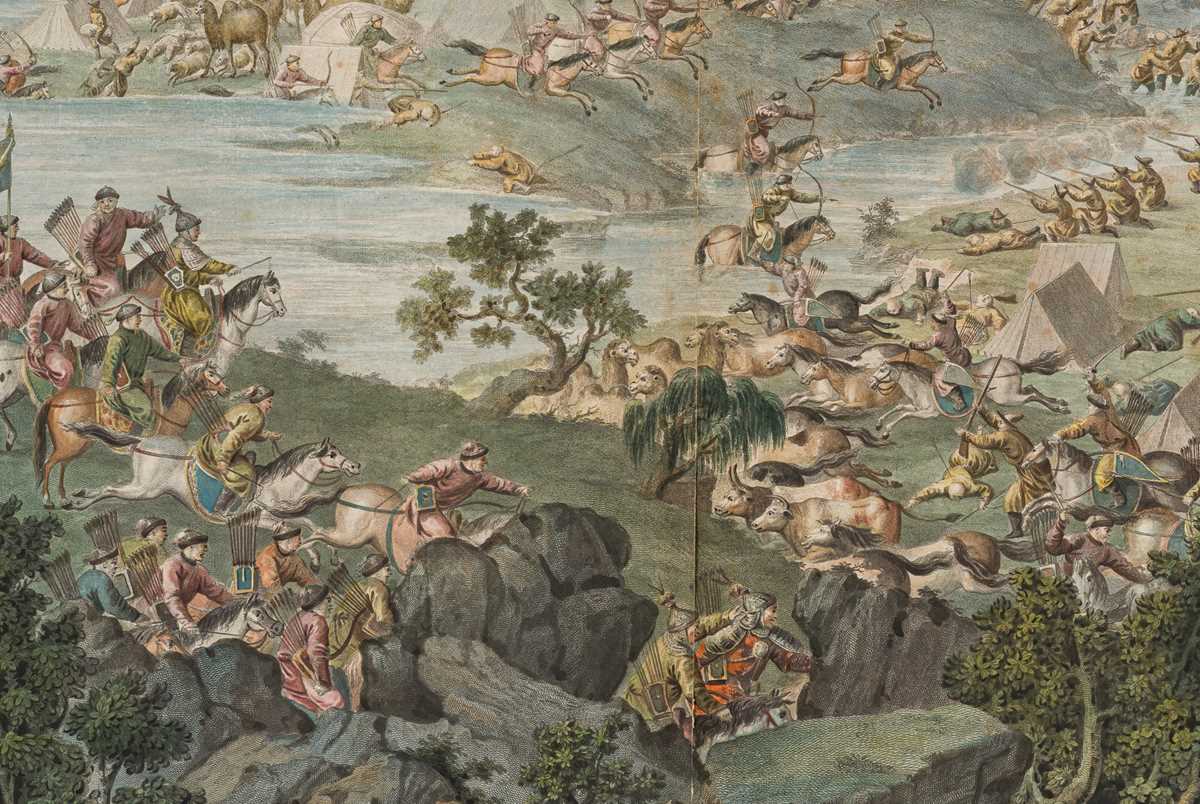 Lot 66 - A HAND-COLORED ENGRAVING AFTER CASTIGLIONE ET AL. DEPICTING THE BATTLE OF KHURUNGUI, QIANLONG PERIOD, CHINA, 1769-1774