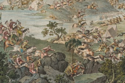 Lot 66 - A HAND-COLORED ENGRAVING AFTER CASTIGLIONE ET AL. DEPICTING THE BATTLE OF KHURUNGUI, QIANLONG PERIOD, CHINA, 1769-1774
